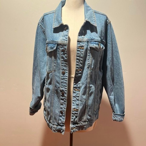 Pull Bear Denim Jacket Hand Painted Mountain Sunset Scene Mens XL - Picture 2 of 8